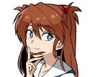  1girl blue_eyes brown_hair commentary light_smile long_hair looking_at_viewer multicolored multicolored_clothes neon_genesis_evangelion playing_with_own_hair red_headwear red_ribbon ribbon sasihmi school_uniform souryuu_asuka_langley tagme upper_body 