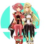  2girls bangs bare_shoulders black_gloves blonde_hair breasts chest_jewel dress elbow_gloves fingerless_gloves gloves highres large_breasts long_hair multiple_girls mythra_(massive_melee)_(xenoblade) mythra_(xenoblade) pyra_(xenoblade) red_eyes red_shorts redhead shiroxai short_dress short_hair short_shorts shorts super_smash_bros. swept_bangs very_long_hair white_dress white_gloves xenoblade_chronicles_(series) xenoblade_chronicles_2 yellow_eyes 