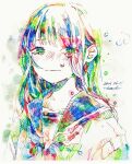  1girl aqua_eyes bangs blush collarbone colorful dated hatching_(texture) long_hair looking_at_viewer neckerchief original school_uniform serafuku signature solo tareme tearing_up tears tmari traditional_media upper_body white_background 