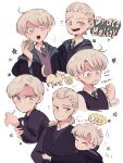  2boys amazou apple black_robe blonde_hair blue_eyes draco_malfoy father_and_son food fruit green_apple harry_potter harry_potter:_the_cursed_child harry_potter_and_the_deathly_hallows harry_potter_and_the_philosopher&#039;s_stone highres hogwarts_school_uniform long_hair multiple_boys necktie older ponytail school_uniform scorpius_malfoy short_hair slytherin striped striped_neckwear 