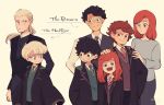  2girls 5boys albus_severus_potter amazou black_hair black_robe blonde_hair brown_hair father_and_daughter father_and_son ginny_weasley glasses gryffindor harry_james_potter harry_potter harry_potter:_the_cursed_child highres hogwarts_school_uniform james_sirius_potter lily_luna_potter long_hair mother_and_daughter mother_and_son multiple_boys multiple_girls necktie older ponytail redhead scar_on_forehead school_uniform scorpius_malfoy short_hair slytherin smile striped striped_neckwear vest 