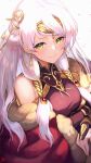  1girl bare_shoulders blush breasts bridal_gauntlets brown_dress cape closed_mouth commentary_request crossed_arms dress earrings eyebrows_visible_through_hair fire_emblem fire_emblem:_radiant_dawn fire_emblem_heroes fur-trimmed_cape fur_trim hair_ornament highres jewelry lips long_hair looking_at_viewer medium_breasts micaiah_(fire_emblem) nakabayashi_zun off_shoulder petals pink_lips red_cape smile solo tiara upper_body white_background white_hair yellow_eyes 