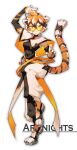  1girl :/ animal_ears arknights arm_up belt black_hair black_pants capelet closed_mouth commentary_request copyright_name full_body furry furry_female glasses hand_up knee_up looking_at_viewer multicolored_hair orange_capelet orange_eyes orange_hair pants simple_background sokimi_(sosojovan) solo standing standing_on_one_leg tail tiger_ears tiger_tail tinted_eyewear two-sided_capelet two-tone_pants waai_fu_(arknights) white_background white_capelet white_hair white_pants yellow-tinted_eyewear 