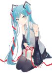  1girl bare_shoulders black_legwear blue_eyes blue_hair blue_nails breasts detached_sleeves hatsune_miku long_hair looking_at_viewer lpip necktie seiza sitting skirt sleeveless sleeves_past_wrists smile solo thigh-highs twintails very_long_hair vocaloid 