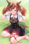  1girl animal_ears blush breasts brown_eyes commentary_request grass horse_ears horse_girl horse_tail looking_at_viewer medium_hair nice_nature_(umamusume) open_mouth ouri_(aya_pine) redhead ribbon seiza short_twintails sitting solo sweat tail thighs twintails umamusume 