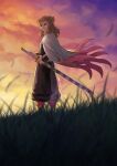  1boy black_jacket black_pants blonde_hair blurry blurry_foreground cape closed_mouth dusk from_side gradient_sky grass highres holding holding_sheath holding_sword holding_weapon jacket kimetsu_no_yaiba long_sleeves looking_at_viewer multicolored_hair orange_hair outdoors pants remsor076 rengoku_kyoujurou sheath sheathed sketch sky solo sword two-tone_hair weapon white_cape yellow_eyes 