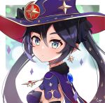  1girl absurdres blue_eyes breasts cape earrings genshin_impact hair_ornament hat highres jewelry mona_(genshin_impact) pupy_exe purple_hair small_breasts solo star_(symbol) star_hair_ornament twintails witch_hat 