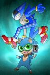 1boy blue_hair card furry furry_male gloves green_eyes guilhermerm highres long_hair looking_at_viewer male_focus persona red_footwear sega shoes smile solo sonic_(series) sonic_the_hedgehog super_smash_bros. video_game white_gloves 
