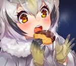  1girl bangs blonde_hair blush buttons chocolate close-up coat cookie eating eyebrows_visible_through_hair food fur_collar gloves grey_hair hair_between_eyes kemono_friends long_sleeves multicolored_hair northern_white-faced_owl_(kemono_friends) open_mouth orange_eyes short_hair solo steam tadano_magu white_coat white_hair yellow_gloves 