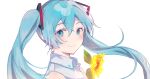  1girl absurdres bangs bare_shoulders blue_eyes blue_hair closed_mouth collared_shirt commentary_request eyebrows_visible_through_hair flower hair_between_eyes hatsune_miku heremia highres long_hair looking_at_viewer looking_to_the_side portrait shirt simple_background sleeveless sleeveless_shirt smile solo vocaloid white_background white_shirt yellow_flower 