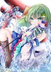  1girl absurdres bangs blurry blurry_background boots brown_footwear closed_mouth cross-laced_footwear detached_sleeves frog_hair_ornament fura_(wind_rahu) gohei green_eyes green_hair hair_ornament hair_tubes highres holding kochiya_sanae long_hair looking_at_viewer nontraditional_miko snake_hair_ornament solo torii touhou water white_background wide_sleeves 