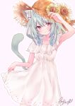  1girl alternate_costume animal_ear_fluff animal_ears armpits arms_up bare_arms blush cat_ears cat_tail closed_mouth dress ear_ribbon flower green_hair hair_ornament hat hat_flower hololive looking_at_viewer low_twintails moizumi_shipon red_eyes scrunchie see-through_silhouette short_dress short_hair short_sleeves short_twintails signature skirt_hold skull_hair_ornament smile solo straw_hat sun_hat sunflower tail twintails uruha_rushia virtual_youtuber white_dress 