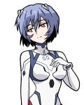  1girl ayanami_rei blue_hair bodysuit commentary evangelion:_3.0+1.0_thrice_upon_a_time eyebrows_visible_through_hair hand_on_own_chest looking_to_the_side multicolored multicolored_clothes neon_genesis_evangelion numbered plugsuit rebuild_of_evangelion red_eyes sasihmi short_hair tagme white_bodysuit white_headwear 