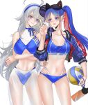  2girls ahoge anno88888 ball bangs bikini blue_bikini blue_eyes blue_hair blue_hairband bottle breasts closed_mouth crossed_arms eyebrows_visible_through_hair grey_hair hairband hat highres holding holding_ball holding_bottle index_finger_raised jacket kantai_collection large_breasts long_hair multicolored_hair multiple_girls official_alternate_costume open_clothes open_jacket open_mouth ponytail redhead sarong see-through sidelocks simple_background south_dakota_(kancolle) swimsuit under_boob visor_cap washington_(kancolle) water_bottle white_background white_hair 