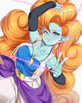  1girl arm_up baggy_pants black_sleeves blue_eyes blue_shirt breasts colored_skin curly_hair detached_sleeves dragon_ball dragon_ball_z earrings green_skin jewelry long_hair orange_hair pants pointy_ears rom_(20) shirt simple_background solo very_long_hair white_background white_pants zangya 