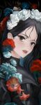  1girl absurdres black_eyes black_hair black_jacket blue_flower dekooop earrings flower hair_flower hair_ornament hairband head_wreath highres jacket jewelry light_blush lipstick long_hair looking_at_viewer makeup open_mouth original red_flower serious solo upper_body white_flower 