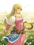  1girl bangs belt blonde_hair blue_eyes blunt_bangs bracelet breasts brown_belt capelet collarbone commentary cowboy_shot dress feathers field flower flower_field grass harp highres holding holding_instrument instrument jewelry long_hair long_sleeves looking_to_the_side lyre outdoors parted_lips pink_dress pointy_ears princess_zelda ribbon shopp sidelocks small_breasts solo standing the_legend_of_zelda the_legend_of_zelda:_skyward_sword white_capelet white_flower 