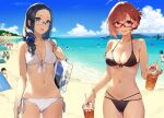  2girls 92m :d absurdres ahoge bag beach bikini black_bikini blue_sky bracelet breasts clouds commentary_request crowd cup day drink drinking_straw eyebrows_visible_through_hair folded_ponytail front-tie_bikini front-tie_top glasses highres holding holding_bag holding_cup house jewelry looking_at_viewer medium_breasts midriff multi-strapped_bikini multiple_girls navel ocean open_mouth original outdoors ponytail red-framed_eyewear red_eyes redhead sand scrunchie short_hair side_ponytail sky smile solo_focus string_bikini swimsuit tent tree vegetation white_bikini 