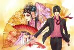  1boy artist_name bangs belt black_hair black_pants black_suit brown_eyes character_request chinese_clothes copyright_request eyeshadow flower folding_fan formal hair_flower hair_ornament hand_fan highres holding holding_phone holding_weapon kagalin looking_at_viewer makeup necktie pants parted_bangs phone pink_shirt popped_collar red_eyes red_neckwear shirt suit watermark weapon 