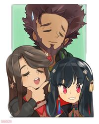  1boy 2girls aadya_(nijisanji) beard black_hair black_hoodie closed_eyes dark-skinned_female dark-skinned_male dark_skin eyebrows_visible_through_hair facial_hair hair_behind_ear headphones headphones_around_neck highres hood hoodie multicolored_hair multiple_girls nijisanji nijisanji_in noor_(nijisanji) onionsketch open_mouth parted_lips red_eyes redhead smile streaked_hair sweatdrop vihaan virtual_youtuber 