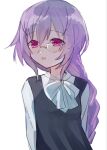  1girl alternate_costume arms_behind_back braid commentary_request eyebrows_visible_through_hair glasses hair_between_eyes highres long_hair neptune_(series) open_mouth purple_hair pururut rairai_vortex simple_background single_braid smile solo upper_body violet_eyes white_background 