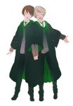  2boys albus_severus_potter black_hair black_robe blonde_hair closed_eyes harry_potter harry_potter:_the_cursed_child hogwarts_school_uniform holding_hands ihiro multiple_boys robe school_uniform scorpius_malfoy short_hair slytherin smile striped striped_neckwear 