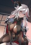  1girl absurdly_long_hair aegir_(azur_lane) azitama_atsushi_(attyuu) azur_lane bare_shoulders black_cape black_gloves black_legwear bodystocking boots breast_curtains breasts cape covered_navel cross cross-laced_clothes cross_earrings demon_horns earrings elbow_gloves gloves hair_between_eyes hair_on_horn horns impossible_clothes indoors iron_cross jewelry knee_boots large_breasts long_hair looking_at_viewer multicolored_hair redhead shirt single_knee_boot skin_tight streaked_hair two-tone_hair underbust very_long_hair white_hair white_shirt window yellow_eyes 