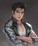 1boy artist_name black_eyes black_hair closed_mouth crossed_arms forked_eyebrows genji_(overwatch) grey_jacket jacket looking_at_viewer male_focus muscular muscular_male open_clothes open_jacket overwatch pectorals shirt short_hair solo thick_thighs thighs upper_body white_shirt zeilyanart 