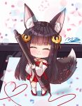  1girl ^_^ animal_ear_fluff animal_ears azur_lane bangs bare_shoulders black_hair blunt_bangs chibi closed_eyes closed_mouth collarbone drawing_tablet dress facing_viewer fox_ears fox_girl fox_tail full_body hair_ornament heart holding holding_stylus kneehighs long_hair long_sleeves m_ko_(maxft2) nagato_(azur_lane) oekaki_musume pleated_dress red_dress red_footwear shoes smile solo standing starry_background stylus tail very_long_hair white_background white_legwear wide_sleeves 