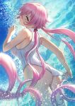  1girl ass back bangs bare_shoulders blush breasts commentary_request eyebrows_visible_through_hair eyes_visible_through_hair from_below furrowed_brow highleg highleg_swimsuit highres large_breasts long_hair looking_at_viewer looking_back low_twintails mole mole_on_breast one-piece_swimsuit original pink_hair solar_(happymonk) solo swimsuit twintails very_long_hair water wet white_swimsuit yellow_eyes 