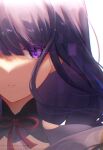  1girl bangs breasts commentary english_commentary eyebrows_visible_through_hair genshin_impact long_hair matchapaste open_mouth parted_lips purple_hair raiden_shogun ribbon simple_background solo violet_eyes white_background 