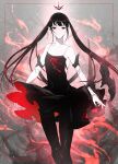  1girl black_dress black_hair black_legwear commentary_request dress kai28 looking_at_viewer myufrae pale_skin pantyhose pixiv_fantasia pixiv_fantasia_last_saga pointy_ears red_eyes red_ribbon ribbon sleeveless sleeveless_dress solo standing twintails 