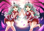  absurdres aqua_hair buttons cloud_print curly_hair dual_persona fang geta green_eyes heart highres horns houshiruri kariyushi_shirt komainu komano_aunn long_hair looking_at_viewer midriff open_mouth partially_unbuttoned red_shirt shirt shorts single_horn touhou unbuttoned unbuttoned_shirt white_shorts 