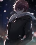  1boy bangs black_shirt blurry blurry_background boku_no_hero_academia burn_scar commentary_request depth_of_field from_side grey_scarf hand_up highres lamppost long_sleeves male_focus night night_sky noizu_(noi_hr) outdoors profile redhead scar scarf shiny shiny_hair shirt sky snowing solo todoroki_shouto upper_body white_hair 