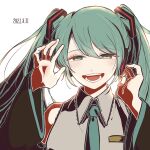  1girl :d bangs bare_shoulders blush collared_shirt dated detached_sleeves green_hair green_neckwear hair_ornament half-closed_eyes hands_up hatsune_miku highres kiri_(2htkz) long_hair long_sleeves looking_at_viewer necktie open_mouth shirt simple_background smile solo symbol-only_commentary teeth twintails upper_body vocaloid white_background 