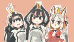 :3 african_penguin_(kemono_friends) animal_ears bare_shoulders black_gloves black_hair black_shirt black_sweater blush collared_shirt commentary_request drink elbow_gloves fox_ears fox_girl fur_trim glass_on_head gloves grey_gloves grey_hair hasu_(zatsugami) headphones high_collar highres humboldt_penguin_(kemono_friends) island_fox_(kemono_friends) jacket kemono_friends kemono_friends_v_project long_hair long_sleeves microphone multicolored_hair necktie official_alternate_costume orange_hair orange_jacket penguin_girl pink_hair shirt short_hair sleeveless sweater triangle_mouth twintails two-tone_hair two-tone_sweater virtual_youtuber white_hair white_neckwear white_sweater