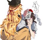  2girls anger_vein arm_up back bangs black_bow black_hair black_headwear black_neckwear blonde_hair blush bow bowtie brown_headwear cape closed_eyes collar collared_shirt eyebrows_visible_through_hair fuuga_(perv_rsity) hair_between_eyes hands_up hat highres long_hair long_sleeves looking_at_another matara_okina multiple_girls open_mouth orange_cape paper pom_pom_(clothes) puffy_short_sleeves puffy_sleeves red_bow red_headwear shameimaru_aya shirt short_hair short_sleeves simple_background tokin_hat touhou white_background white_shirt wide_sleeves 