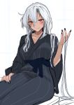  absurdres black_nails breasts dark_skin glasses grey_robe hair_between_eyes highres kantai_collection large_breasts musashi_(kancolle) platinum_blonde_hair red_eyes robe short_hair_with_long_locks slit_pupils smile twintails two_side_up white_background yunamaro 