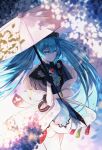  1girl absurdres black_gloves black_headwear blue_dress blue_eyes blue_hair blurry blurry_background closed_mouth dress floating_hair gloves hair_between_eyes half_gloves hatsune_miku highres holding holding_umbrella long_hair miku_with_you_(vocaloid) shiny shiny_hair short_dress smile solo sparkle standing theazureciel twintails umbrella very_long_hair vocaloid white_umbrella 