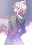  1boy artist_name bandaid bandaid_on_cheek bangs clouds commentary dangan_ronpa_(series) dangan_ronpa_2:_goodbye_despair english_commentary from_behind green_eyes green_jacket grey_hair hair_between_eyes hands_in_pockets highres hood hood_down jacket komaeda_nagito long_sleeves looking_at_viewer looking_back male_focus medium_hair messy_hair ori_(oriorichannn) rain solo upper_body white_hair yellow_eyes 