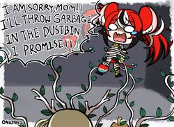  animal_ears apple black_hair bound branch ceres_fauna collar english_text eyebrows_visible_through_hair food fruit hair_ornament hakos_baelz holocouncil hololive hololive_english long_hair mouse_ears mouse_girl mouse_tail multicolored_hair multiple_girls onionyaa open_mouth redhead spiked_collar spikes streaked_hair tail tied_up twintails virtual_youtuber white_hair 