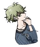  1boy amami_rantarou bangs closed_mouth collarbone dangan_ronpa_(series) dangan_ronpa_v3:_killing_harmony ear_piercing earrings green_eyes green_hair highres jewelry looking_at_viewer male_focus messy_hair necklace no_(xpxz7347) piercing shirt short_hair simple_background smile solo striped striped_shirt upper_body white_background 