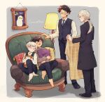  4boys albus_severus_potter amazou barefoot bird black_hair blanket blonde_hair closed_eyes couch draco_malfoy father_and_son glasses harry_james_potter harry_potter harry_potter:_the_cursed_child hedwig highres long_coat long_hair lying_on_person multiple_boys necktie older owl ponytail scar_on_forehead scorpius_malfoy short_hair sitting sleeping smile 