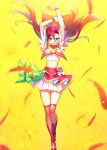  1girl arms_up boots brown_legwear crop_top cure_flamingo floating_hair grin hair_between_eyes highres knee_boots long_hair looking_at_viewer midriff miniskirt precure red_feathers red_footwear redhead shiny shiny_hair skirt smile solo standing stomach thigh-highs thigh_gap tropical-rouge!_precure very_long_hair violet_eyes white_skirt yellow_background yuzu_sato 