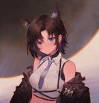  1girl a-soul absurdres animal_ear_fluff animal_ears bare_shoulders black_hair black_jacket breasts carol_(a-soul) chest_harness collared_shirt crop_top harness highres jacket looking_at_viewer medium_breasts midriff necktie off_shoulder open_clothes open_jacket qingshu ribbed_shirt shirt short_hair sleeveless sleeveless_shirt smile solo undershirt upper_body white_shirt 