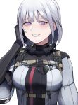  1girl absurdres black_bodysuit black_gloves blush bodysuit breasts elbow_gloves eyebrows_visible_through_hair girls_frontline gloves grin hair_ornament hairclip hand_in_hair highres looking_at_viewer medium_breasts medium_hair open_mouth rpk-16_(girls_frontline) saiun_sigma silver_hair smile solo_focus violet_eyes white_background 