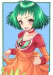  1girl brown_eyes choker dress farah_oersted green_hair looking_at_viewer open_mouth orange_dress red_choker short_hair smile solo tales_of_(series) tales_of_eternia 
