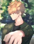  1boy bakugou_katsuki bangs black_shirt blonde_hair blurry blurry_background blurry_foreground blush boku_no_hero_academia closed_mouth depth_of_field foreshortening green_jacket highres jacket looking_to_the_side male_focus noizu_(noi_hr) outstretched_arm shiny shiny_hair shirt short_hair solo spiky_hair 