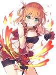  1girl :p akahaneko bangs bare_shoulders belt black_gloves blonde_hair breasts collarbone detached_sleeves eyebrows_visible_through_hair fire flame frilled_skirt frills gloves green_eyes hair_between_eyes highres multicolored_hair orange_hair princess_connect! redhead ring_hair_ornament rino_(princess_connect!) short_shorts shorts simple_background skirt small_breasts solo tongue tongue_out two-tone_hair white_background 