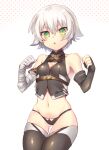  1girl bandaged_arm bandages bare_shoulders black_legwear black_panties breasts cleavage_cutout clothing_cutout fate/apocrypha fate/grand_order fate_(series) gloves green_eyes grey_hair highres jack_the_ripper_(fate/apocrypha) kisaragi_saki looking_at_viewer navel panties simple_background single_glove solo thigh-highs underwear 
